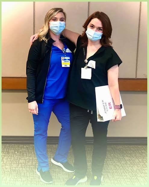 Jennifer Stone in hospital scrubs and mask working as an Emergency Room RN